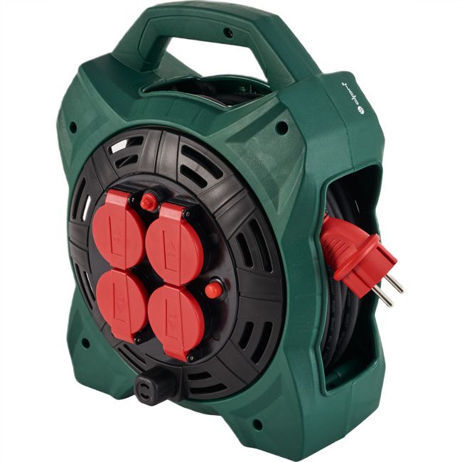 Kabeltromle med jord, 4 stik, 15 m, IP44, LED-lys