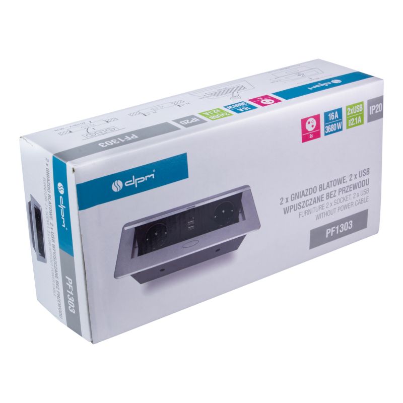 DPM Solid bordmonteret forlængerledning med 2 jordede stik og 2 USB-porte