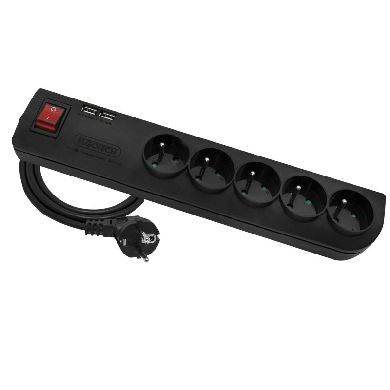 Elgotech boligforlænger med 5 stik og 2 USB-porte, sort