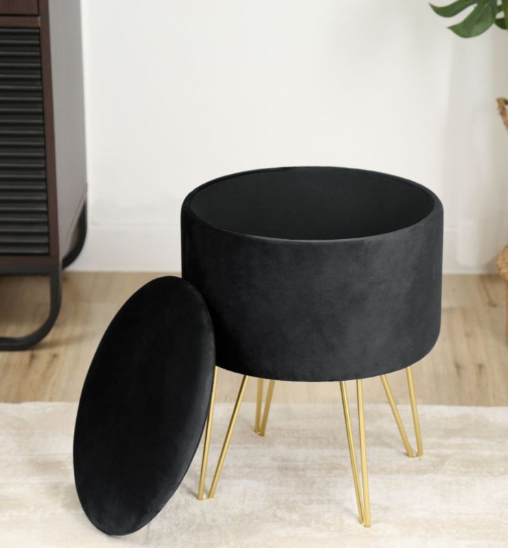 Akord Lili velourpuf med opbevaring, sort, højde 45 cm, 1 stk.