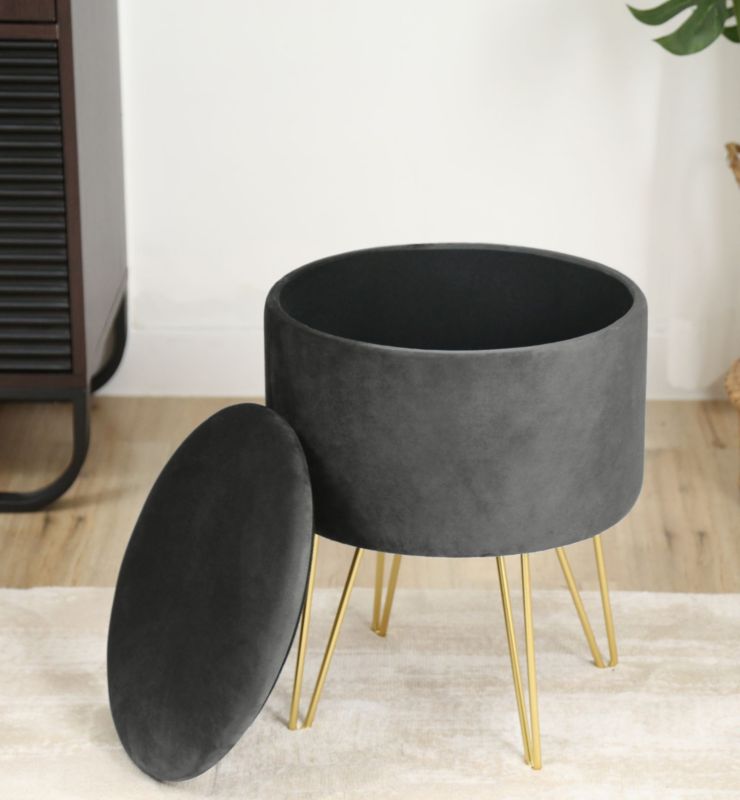 Akord Lili velourpuf med opbevaring, grå, højde 45 cm, 1 stk.