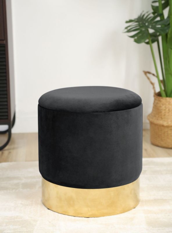 Rund velourpuf med opbevaring Akord GOLDEN sort 1 stk.