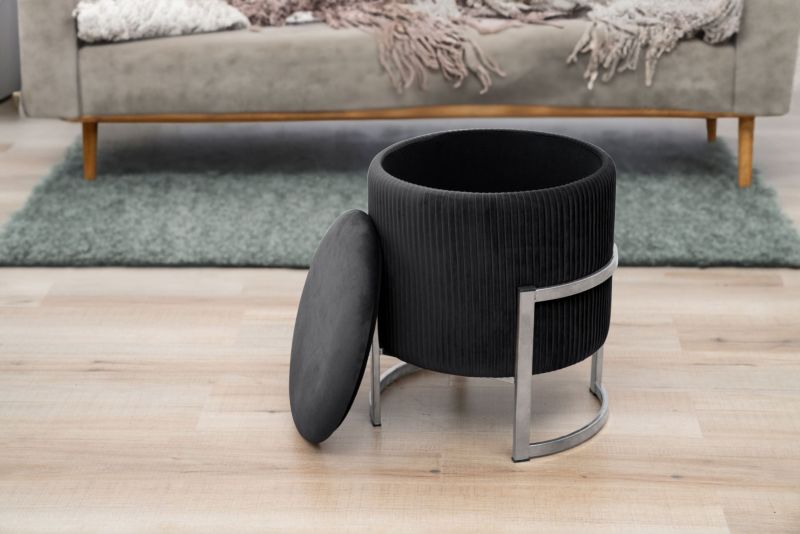 Rund velourpuf med opbevaring Akord Porto sort 1 stk.