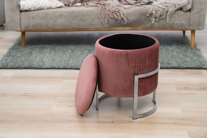 Rund velourpuf med opbevaring Akord Porto lyserød 1 stk.