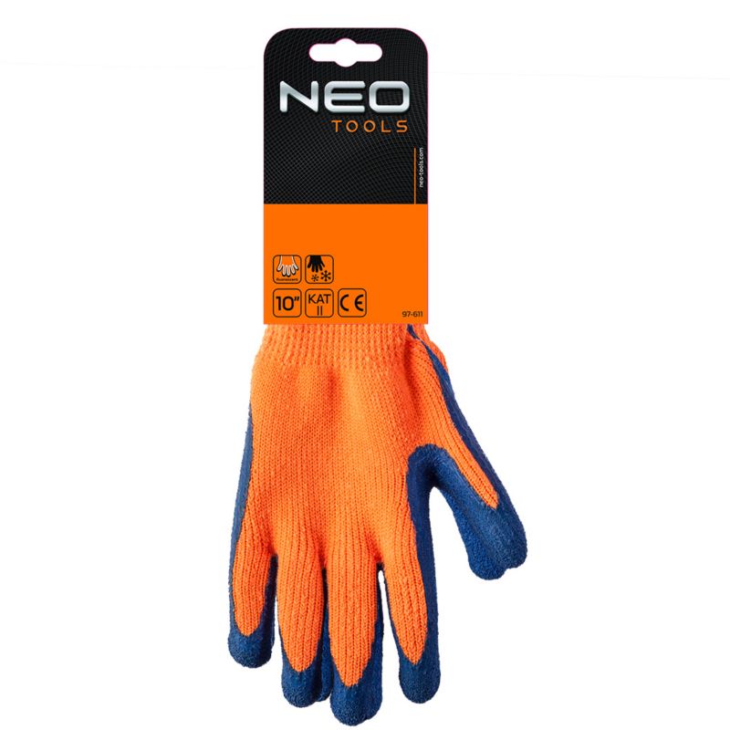 NEO TOOLS arbejdshandsker i akrylstrik med latexbelægning, str. 10, orange, 1 par