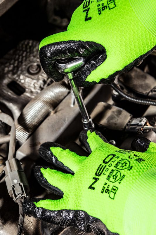 NEO TOOLS arbejds handsker i nylon med latexbelægning, str. 9, gul, 1 par