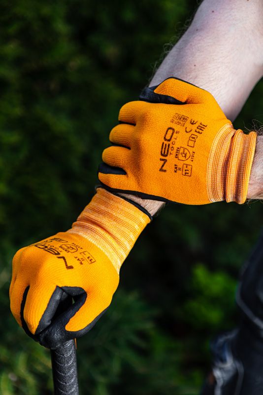 NEO TOOLS arbejdshandsker i nylon med nitrilprikker, str. 11, orange, 1 par