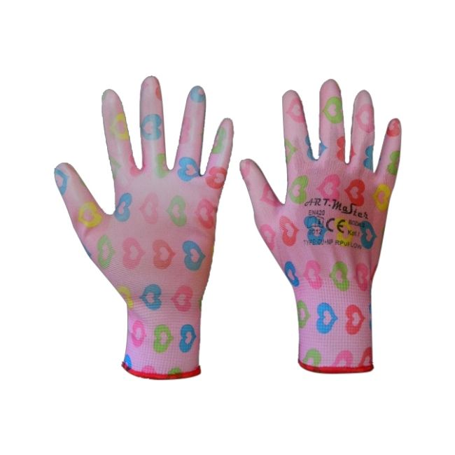 Rosa arbejdshandsker med hjerteprint