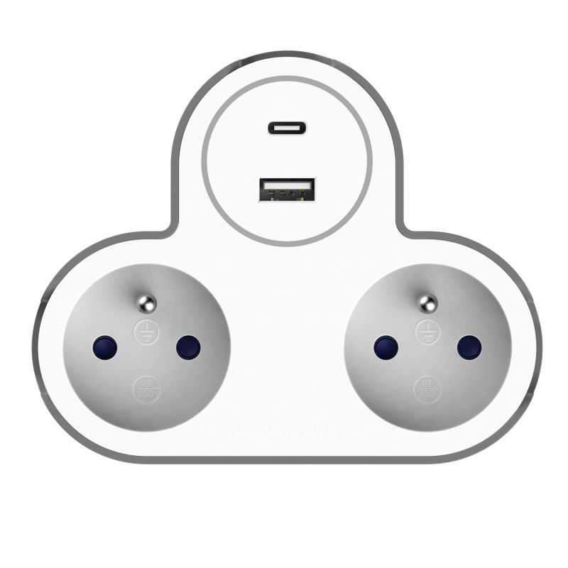 Jacobsen forgreningsstik med 2 jordede stik og USB-porte