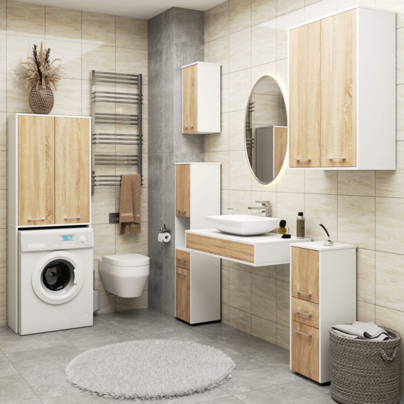 Akord Fin badeværelsesskab til vaskemaskineindbygning hvid 64 cm 2 døre Sonoma eg mat 4 hylder 64x30x180 cm 1 stk.