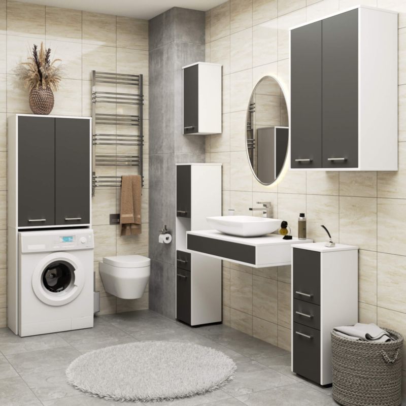 Akord Fin badeværelsesskab til indbygning af vaskemaskine, hvid, 64 cm, 2 døre, grafitgrå mat, 4 hylder, 64x30x180 cm, 1 stk.