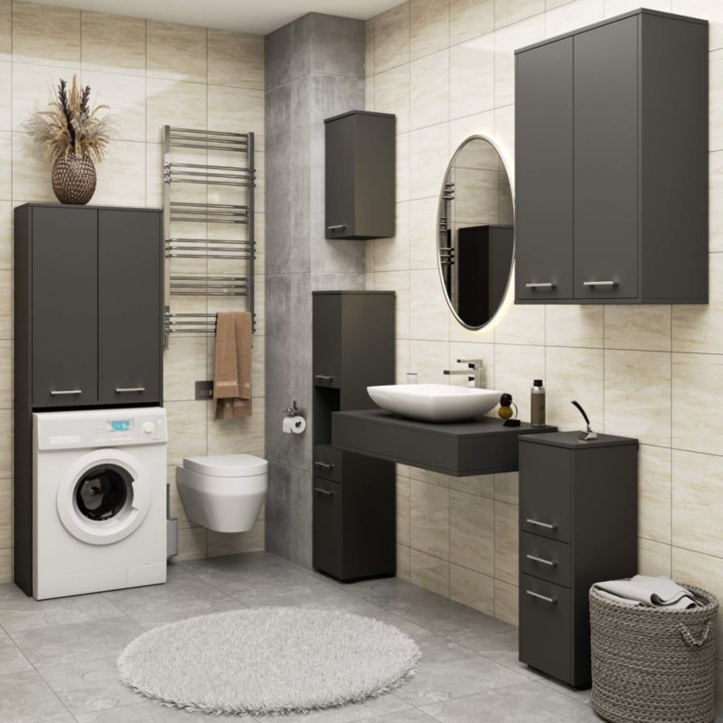 Akord Fin badeværelsesskab til indbygning af vaskemaskine Grafitgrå 64 cm 2 døre mat-grå 4 hylder 64x30x180 cm 1 stk.