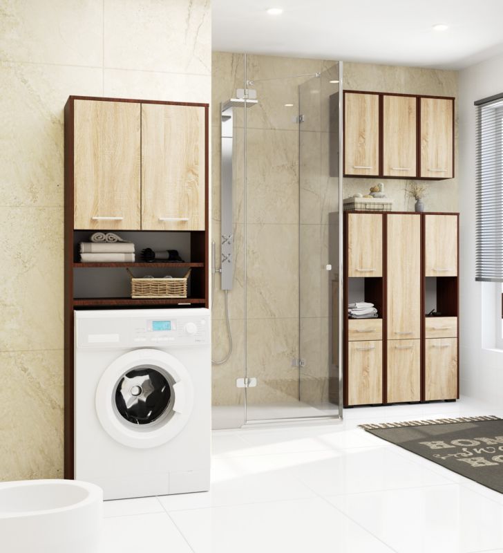 Akord Fin badeværelsessøjle til indbygning af vaskemaskine Wenge 64 cm niche 2 døre farve Eg Sonoma mat 4 hylder 64x30x180 cm 1 stk.