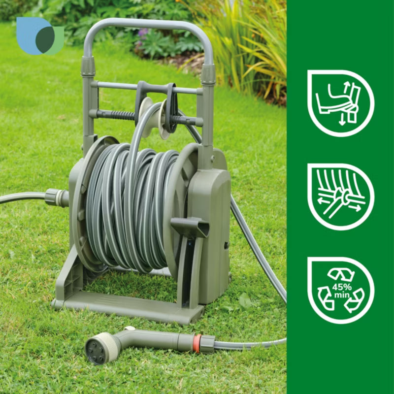 Slangetromle med Slange 25 m 1/2" Grøn med Fodpedal
