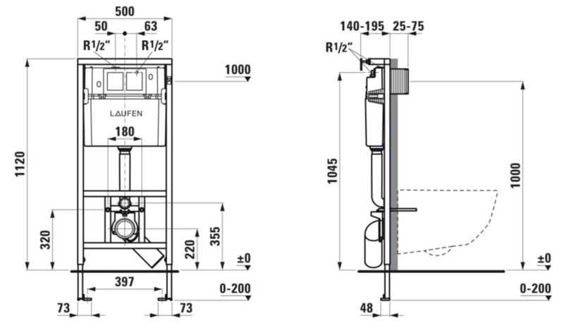 Toiletramme til Væghængt Toilet 112 cm 6/3 l Spulesystem 1 stk. | 7612738328146