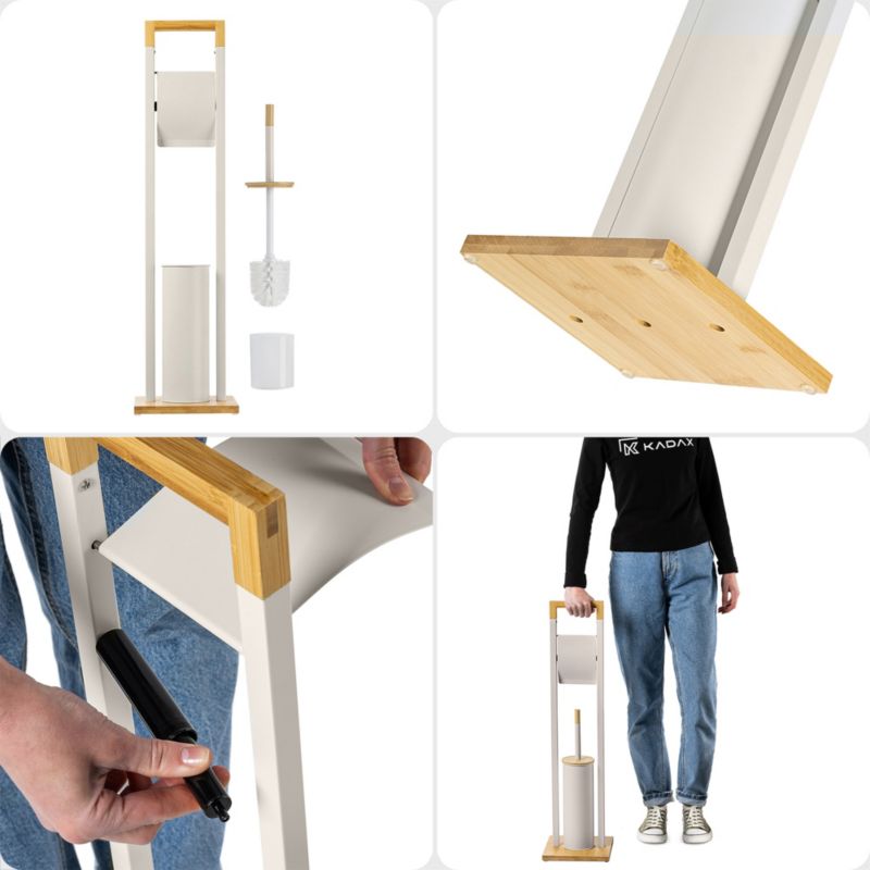 Gulvstående Toiletbørsteholder med Papirholder Beige Bambus Stål 76,5 cm