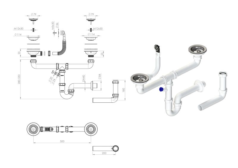 Manuel afløbssifon til dobbelte køkkenvaske GranMaster krom, 1 stk.