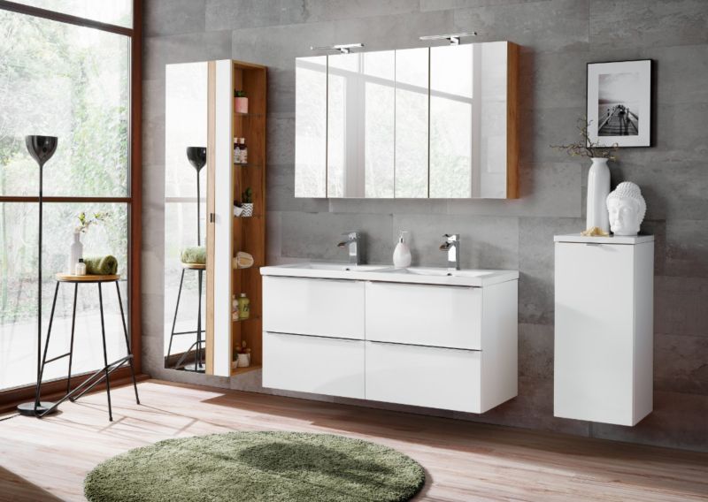 Badeværelsesskab 35x80 cm Hvid Højglans med Vasketøjskurv Capri