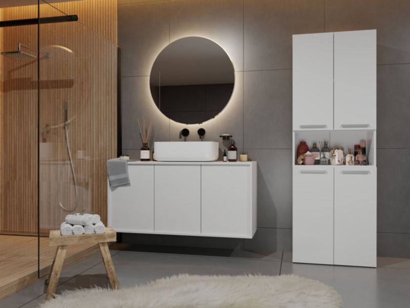 Badeværelsesskab Nel DK 1K 60x30x174 cm Hvid Mat med Vasketøjskurv