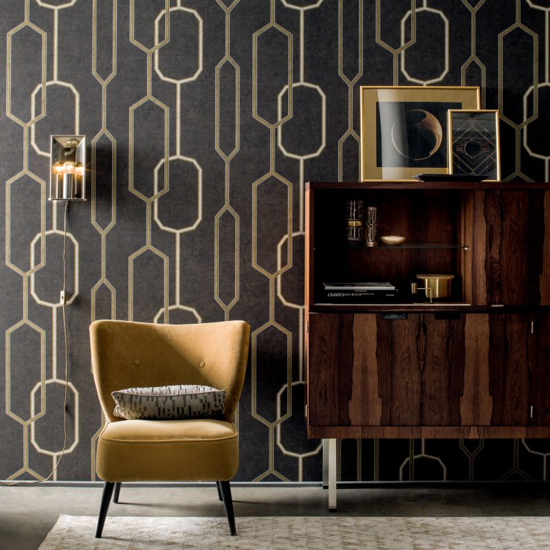 Vinyltapet på nonwoven GoodHome Leucie sort‑guld