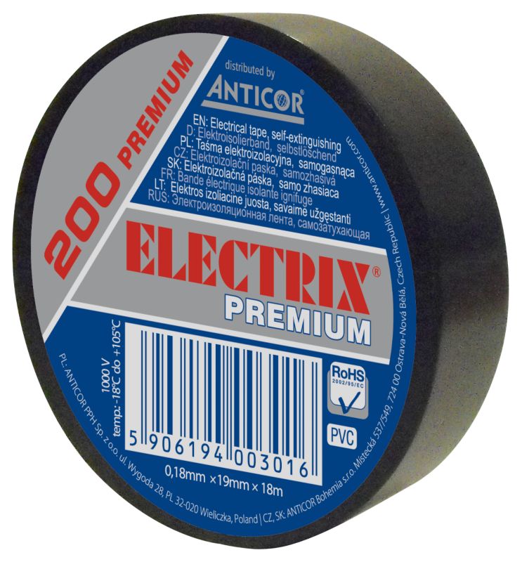 Electrix 200 PVC-isoleringstape 0,18 mm x 19 mm x 18 m, sort
