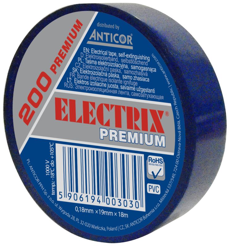 Electrix 200 PVC-isolationstape 0,18 mm x 19 mm x 18 m blå