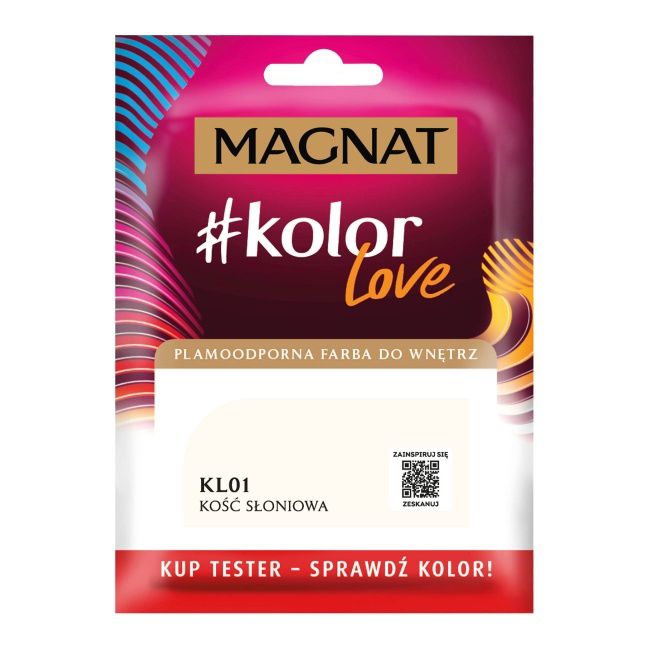 Tester af pletresistent maling Magnat #kolorLove KL01 elfenben 0,025 l