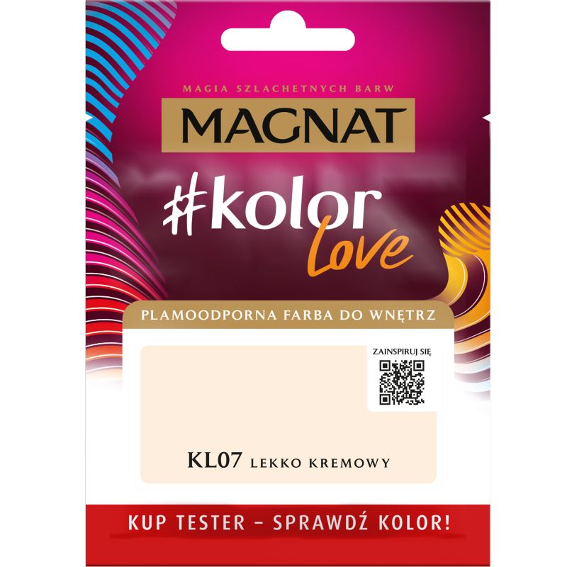 Tester af pletresistent maling Magnat #kolorLove KL07 let cremet 0,025 l