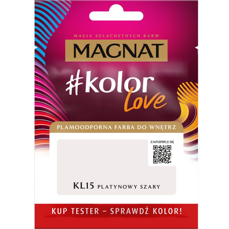 Tester af pletresistent maling Magnat #kolorLove KL15 platingrå 0,025 l