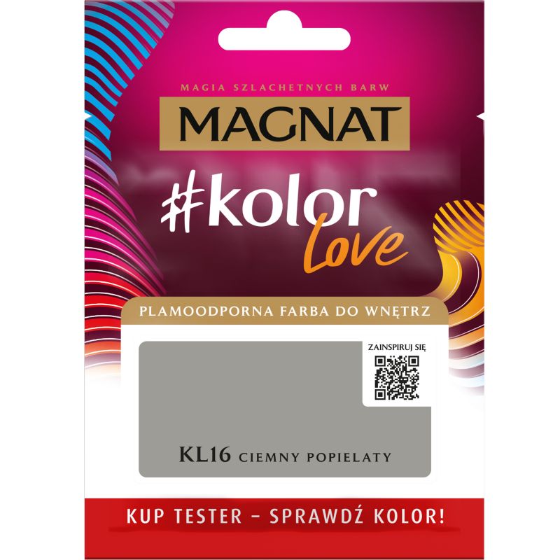 Tester af pletresistent maling Magnat #kolorLove KL16 mørk grå 0,025 l