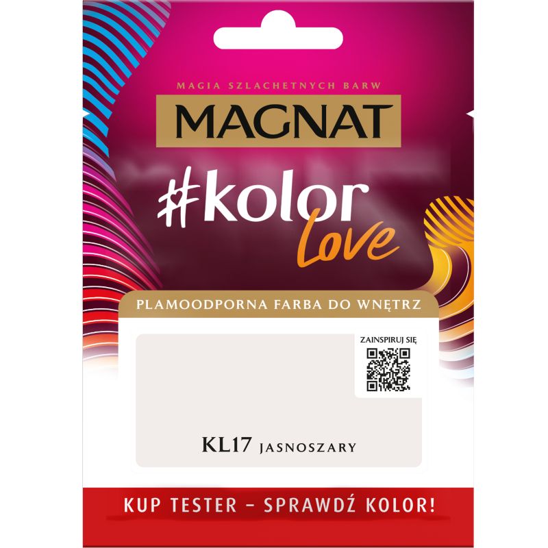 Tester af pletresistent maling Magnat #kolorLove KL17 lysgrå 0,025 l