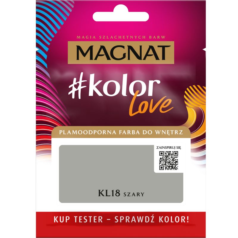 Tester af pletresistent maling Magnat #kolorLove KL18 grå 0,025 l