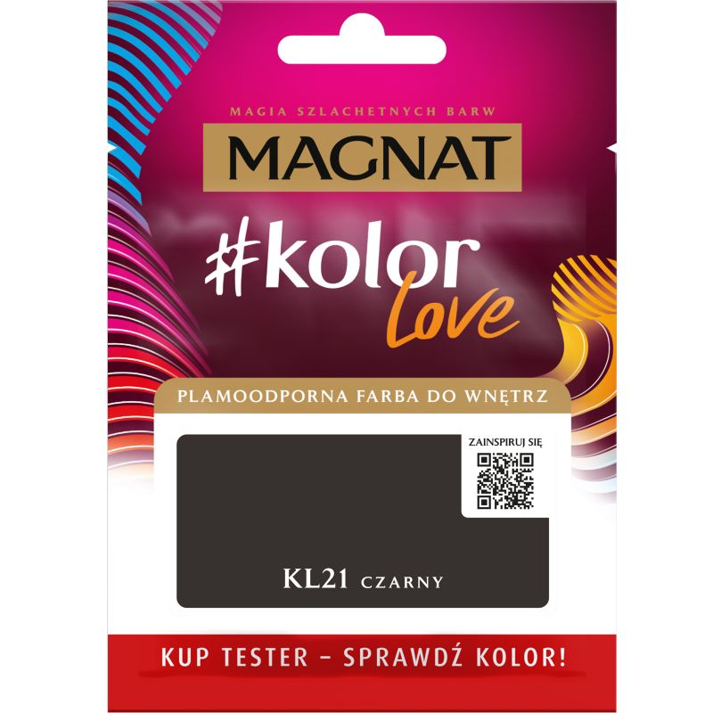 Tester af pletresistent maling Magnat #kolorLove KL21 sort 0,025 l