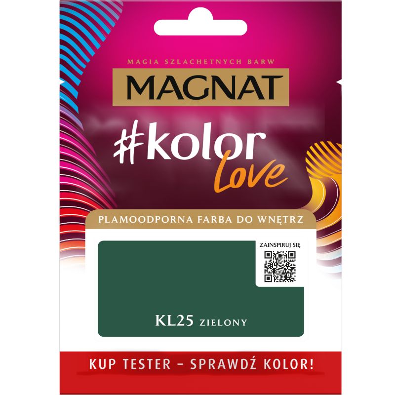 Tester af pletresistent maling Magnat #kolorLove KL25 grøn 0,025 l