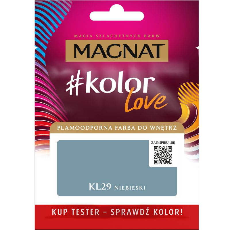 Tester af pletresistent maling Magnat #kolorLove KL29 blå 0,025 l