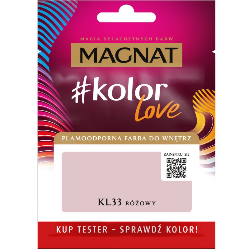 Tester af pletresistent maling Magnat #kolorLove KL33 lyserød 0,025 l