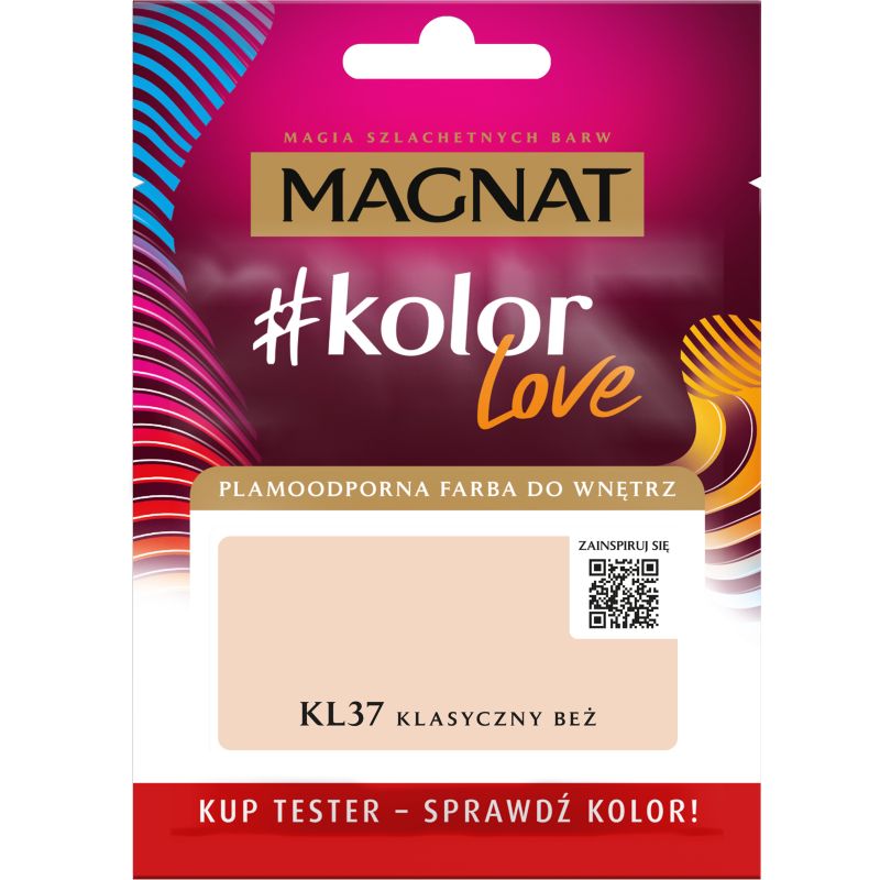 Tester af pletresistent maling Magnat #kolorLove KL37 klassisk beige 0,025 l