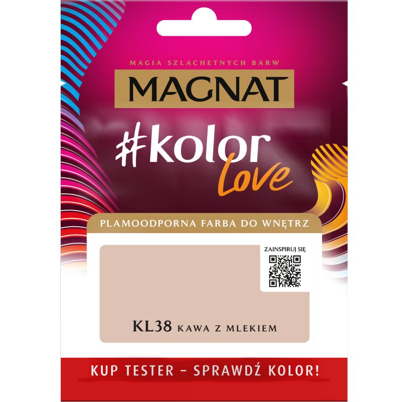 Tester af pletafvisende maling Magnat #kolorLove KL38 kaffe med mælk 0,025 l