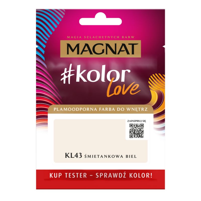 Tester af pletresistent maling Magnat #kolorLove KL43 cremet hvid 25 ml