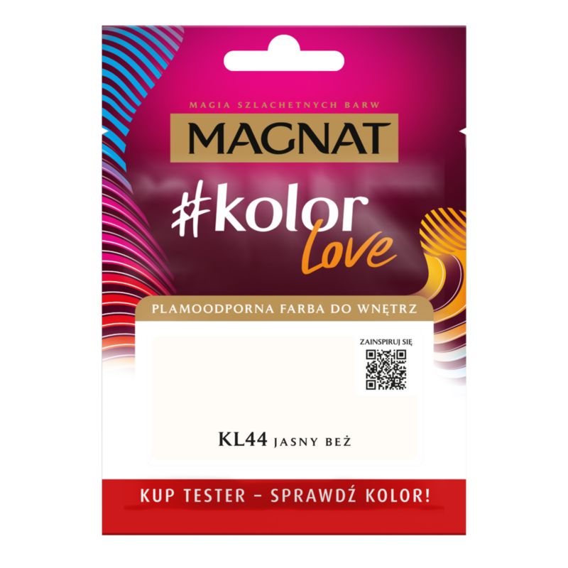 Tester af pletresistent maling Magnat #kolorLove KL44 lys beige 25 ml