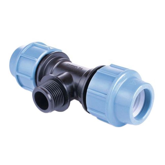 PE-triplett med udvendigt gevind 90° 40 mm x 1" x 40 mm