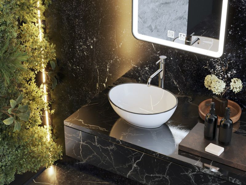 Oval bordmonteret hvid keramisk håndvask med sort kant Dora