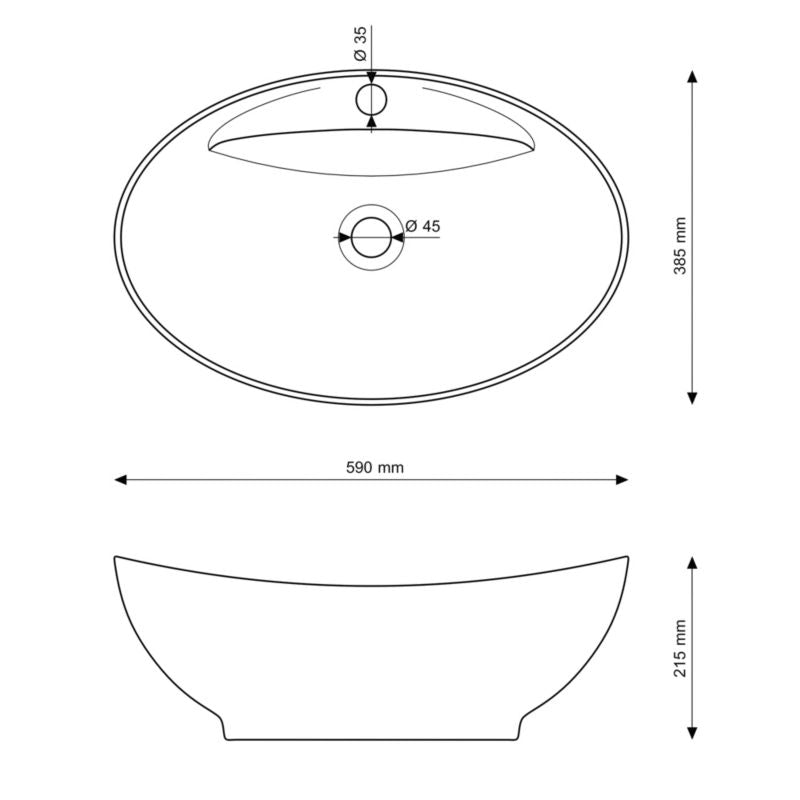 Ovalt bordmonteret vask Granitan Siena i hvid keramik 59 x 38,5 cm, 1 stk.