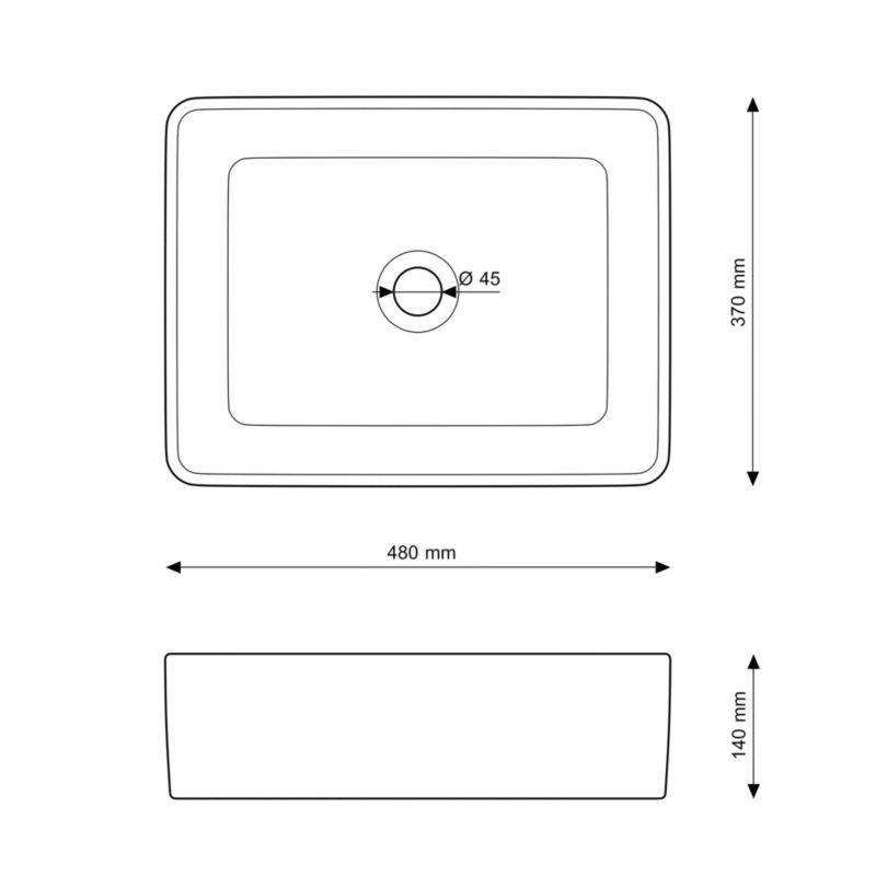 Rektangulær bordmonteret vask i hvid keramik med sort kant Lana