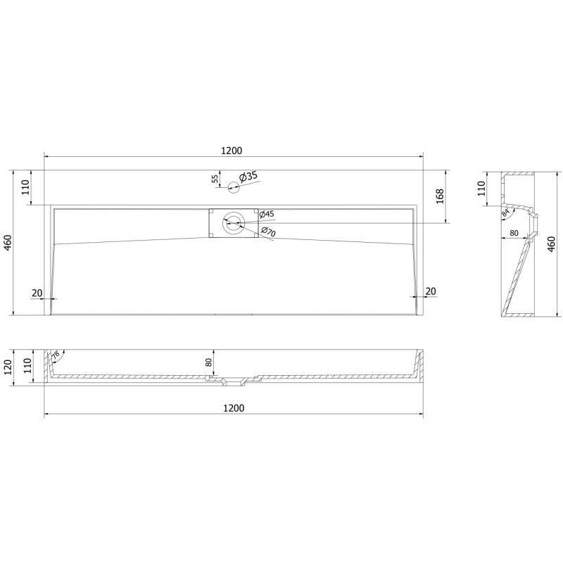 Bordmonteret vask i konglomerat 1/O Mexen Ava 120 x 46 cm sort 1 stk.