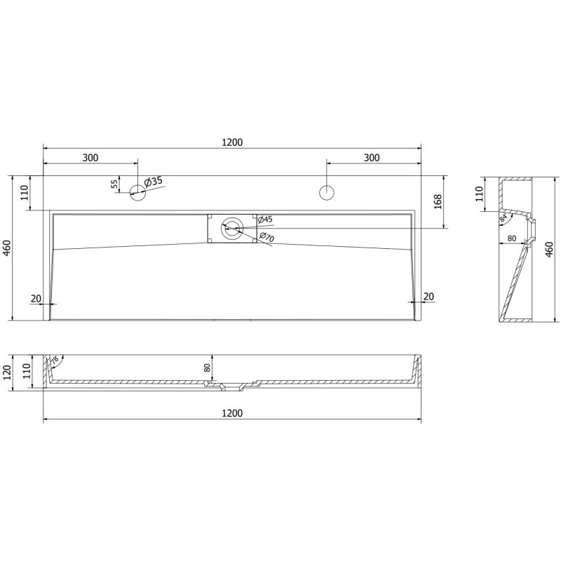 Bordmonteret vask i konglomerat 2/O Mexen Ava 120 x 46 cm sort 1 stk.