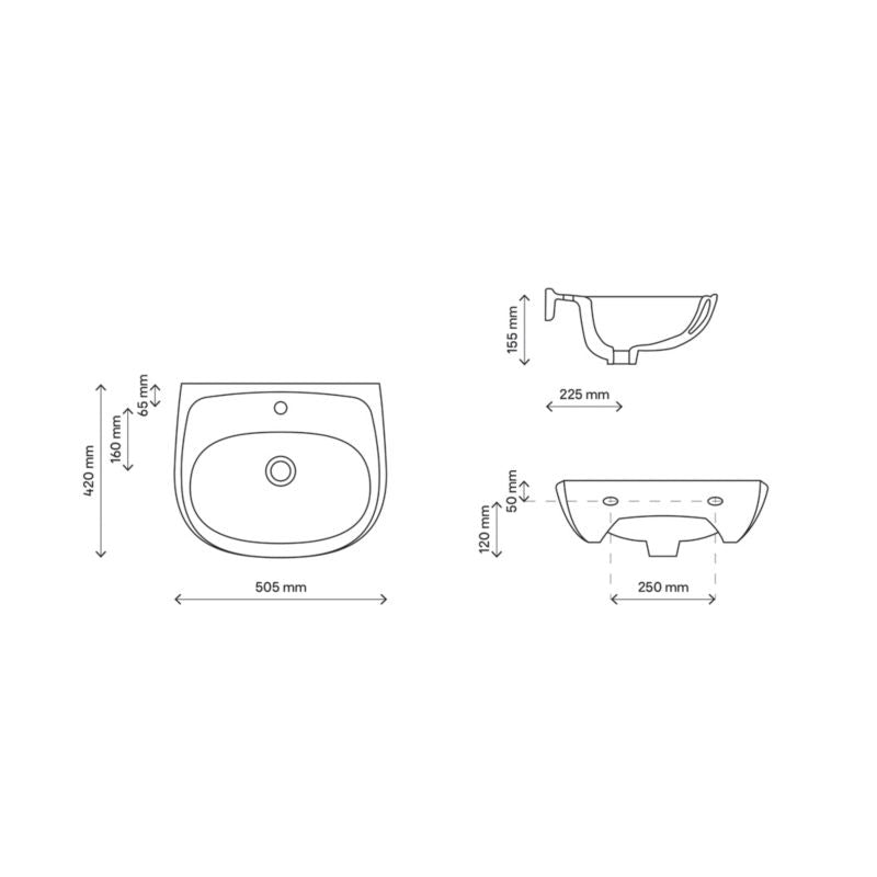 Væghængt keramisk håndvask Atlantic 50,5 x 42 cm med hul til armatur