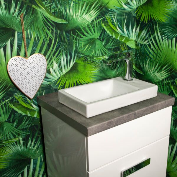 Indbygget vask til bordplade Kerra Rimini venstre version i keramisk med hul til armatur, 1 stk.