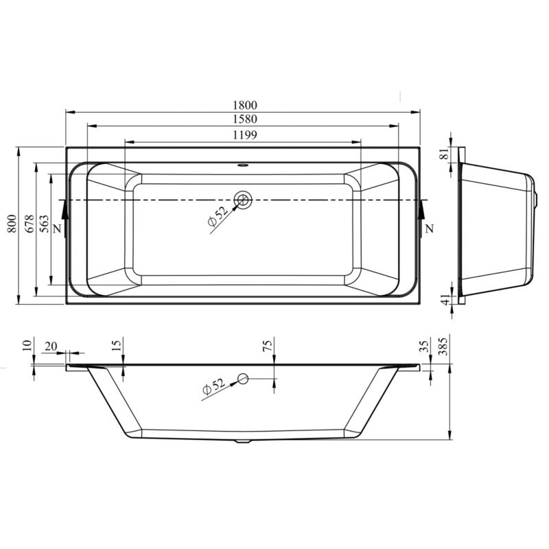 GoodHome Cavally akrylbadekar med 2 ryglæn 180 x 80 cm hvid
