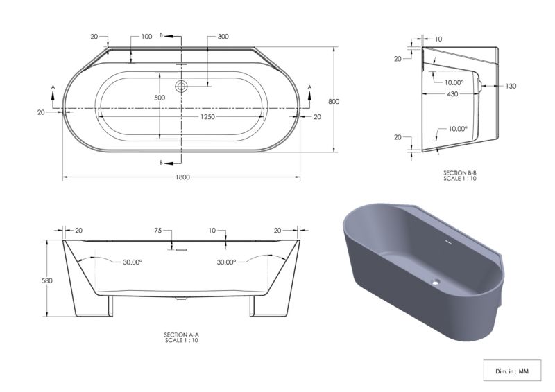 GoodHome Nakina akrylbadekar 180 x 80 cm grå/hvid